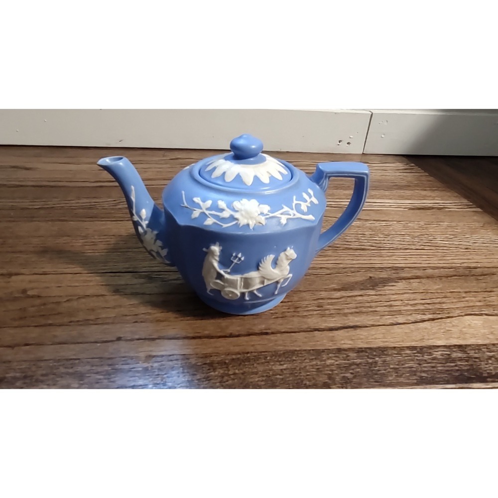 Wedgwood Jasperware Light Blue Teapot Neoclassical Chariot White Relief Vintage